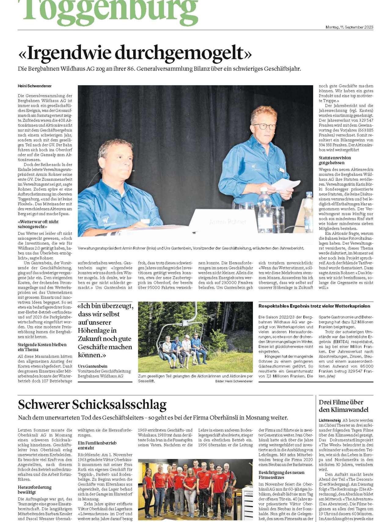 9. September 2023 im Toggenburger Tagblatt